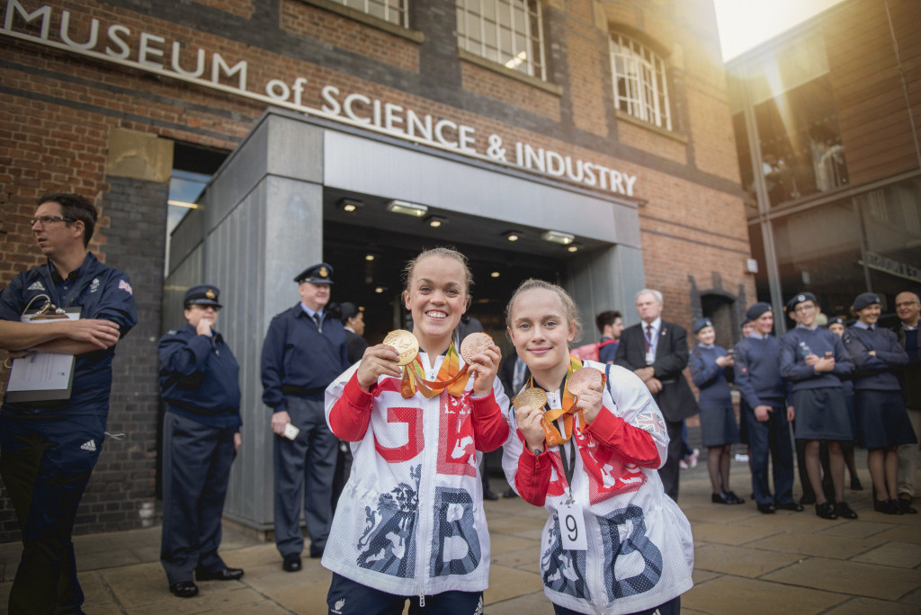 Picture of Ellie Simmonds and Ellie Robinson outside the Museum of Science and Industry