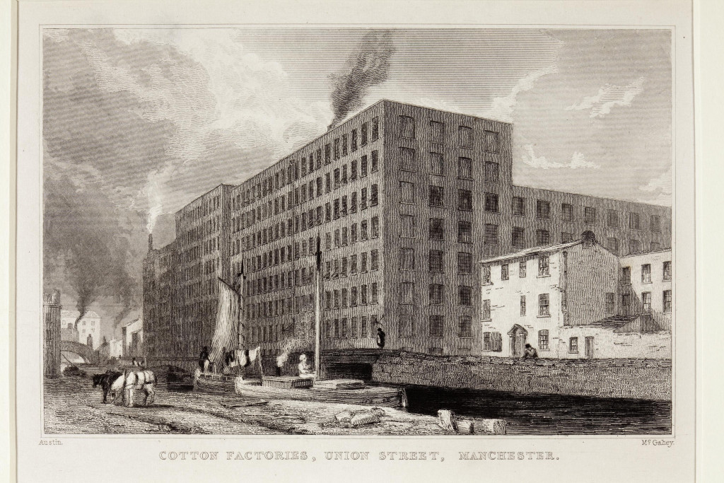 Engraving of cotton factories, Union Street, Manchester