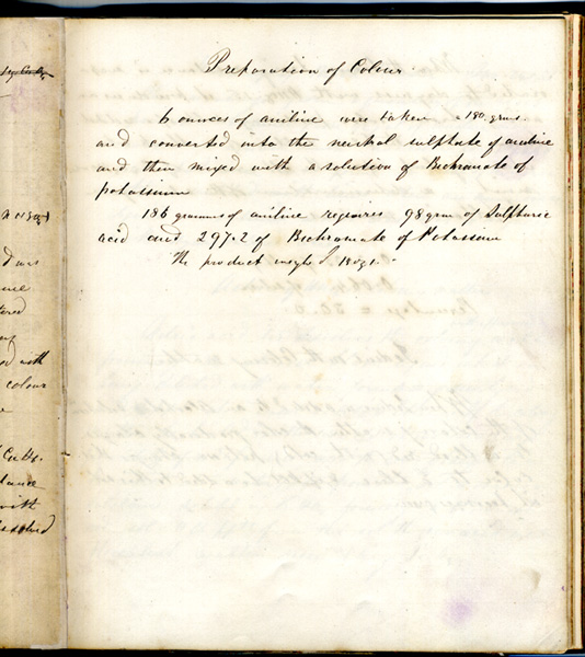 Perkin’s laboratory notebook for 1855-1856, pages showing experiments on mauveine in June 1956. Note the purple fingerprints on the pages.
