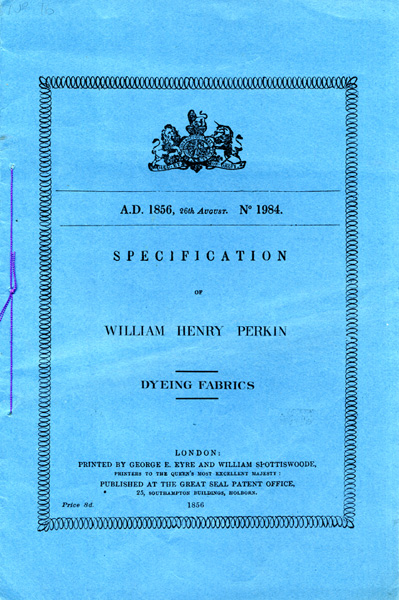 Patent Specification (1856). No.1984 (3rd edition). Note the mauveine thread with which Perkin bound the copy.