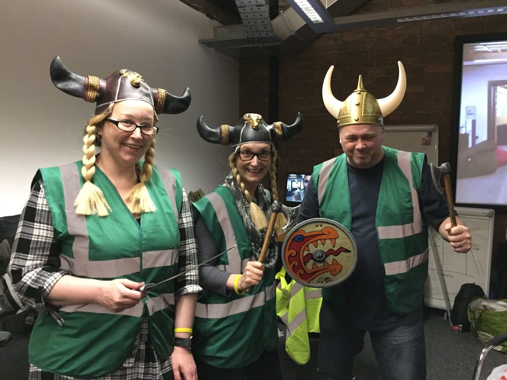 Hack Manchester judges wearing viking helmets on social media