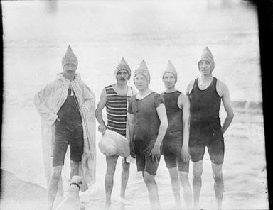 Picture of Victorian men in old fashioned swimming costumes
