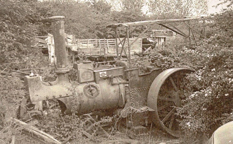 Vanguard traction engine left in a hedge