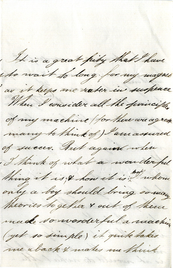 Pages from Ferranti’s letter to his mother, describing his invention