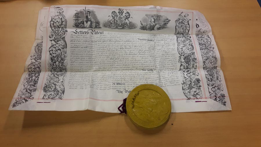 Letters patent awarded to James Gresham, 1866, with official wax seal