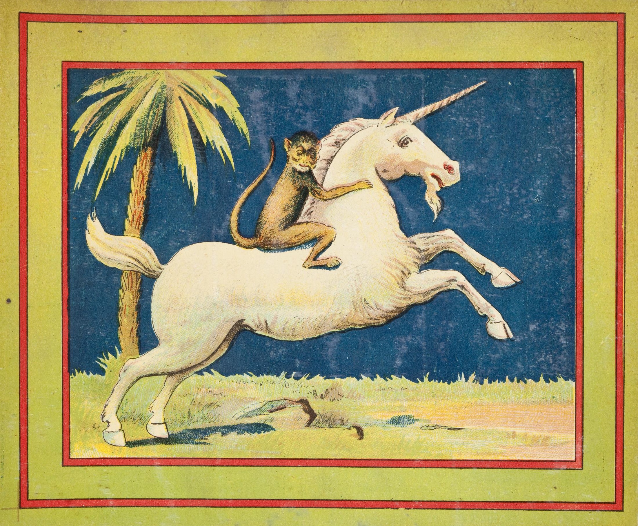 A shipper's ticket from the collection at the Museum of Science and Industry showing a monkey riding a unicorn