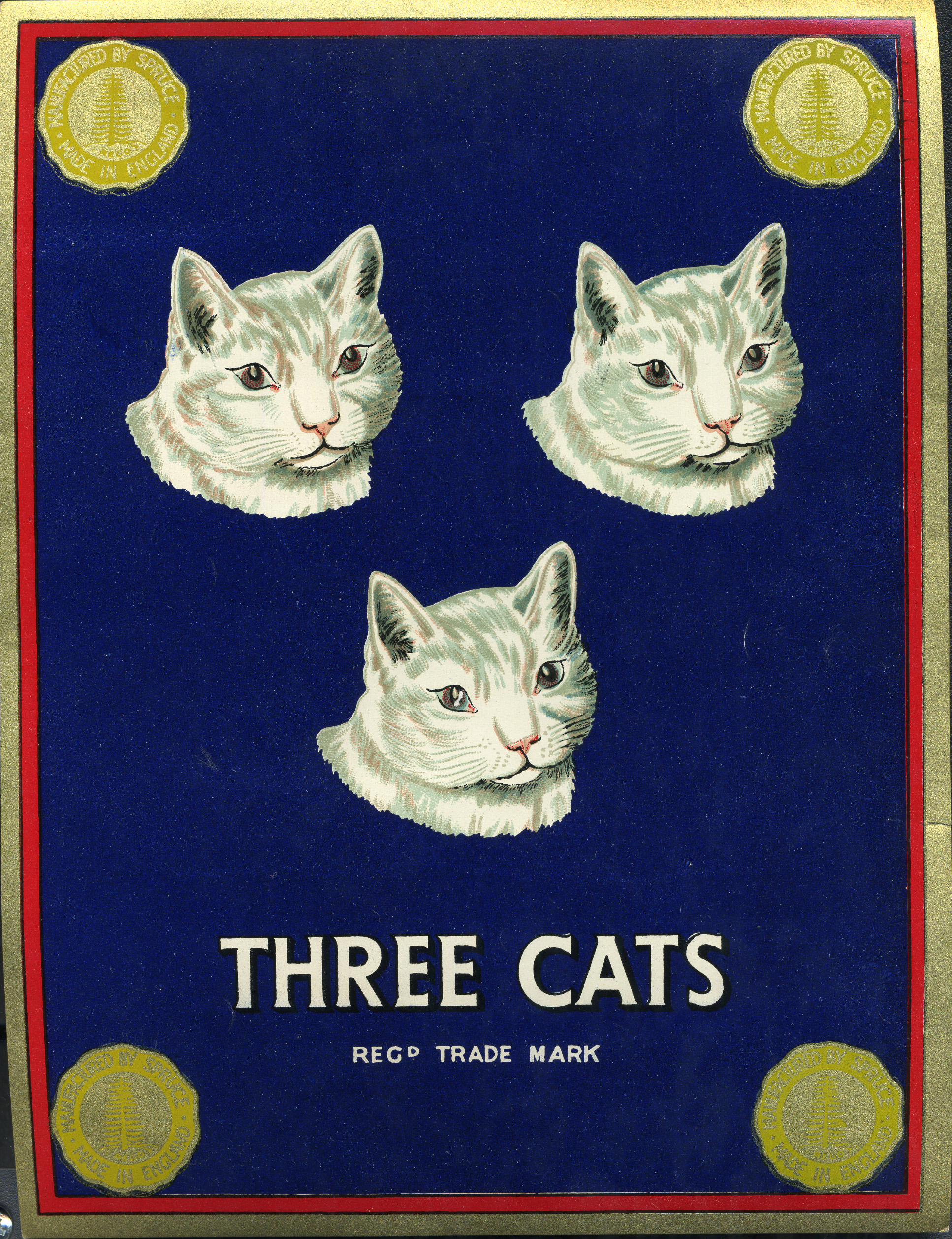 A shipper's ticket from the collection at the Museum of Science and Industry showing three white cats against a blue background