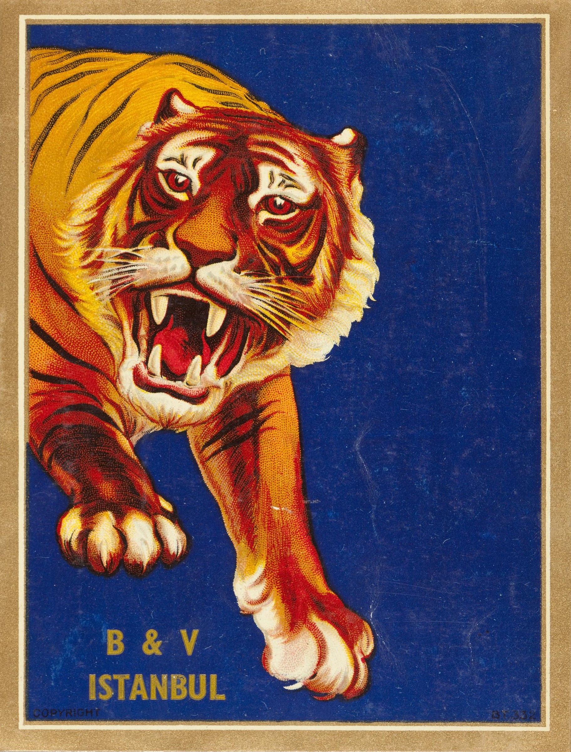 A shipper's ticket from the collection at the Museum of Science and Industry showing an oragne tiger roaring against a blue background