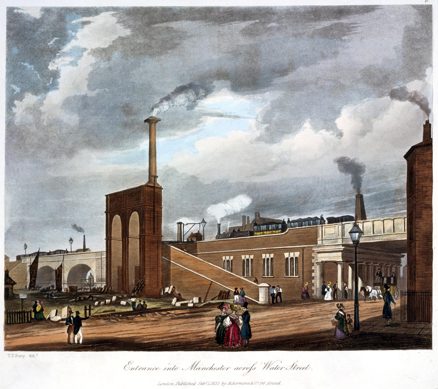 A painting of the railway entrance into Manchester across Water Street