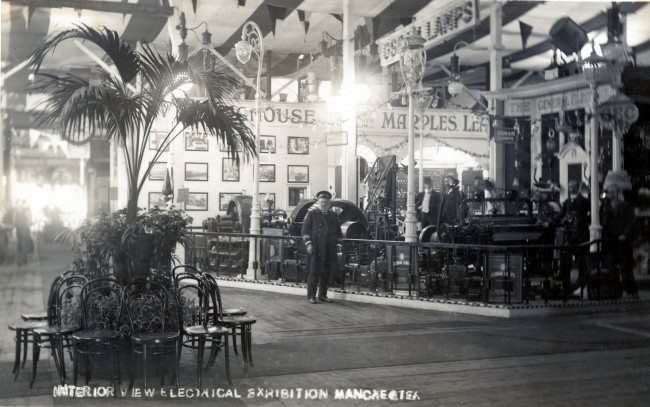 Souvenir postcard showing the electrically lit interior of the Manchester Electrical Exhibition, courtesy of Rusholme & Victoria Park Archive
