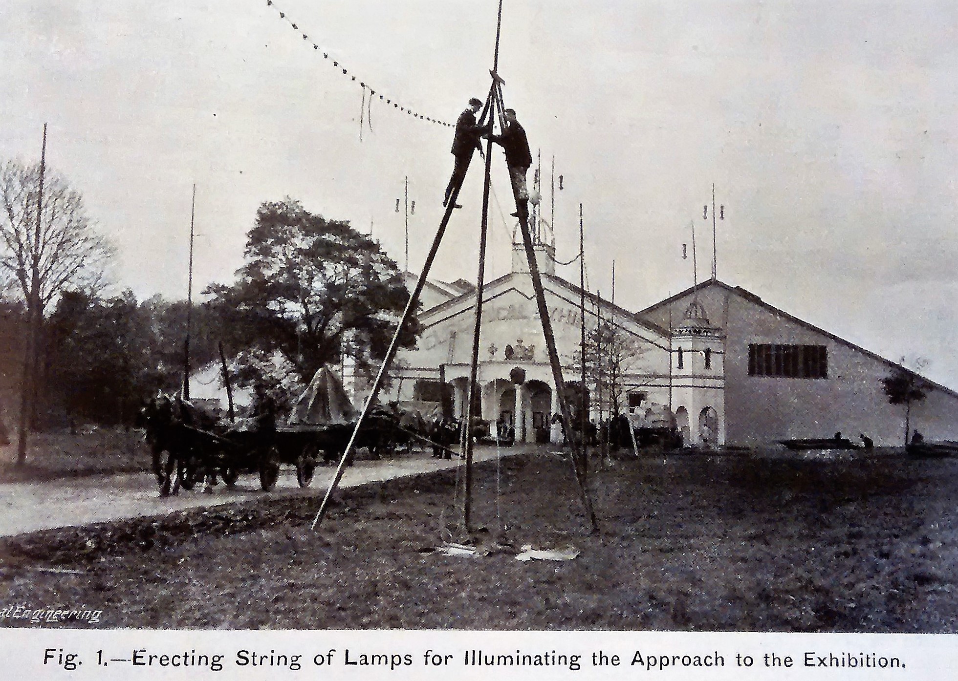 Photograph showing the installation of the external arc lights, in the October 1908 issue of Electrical Engineering
