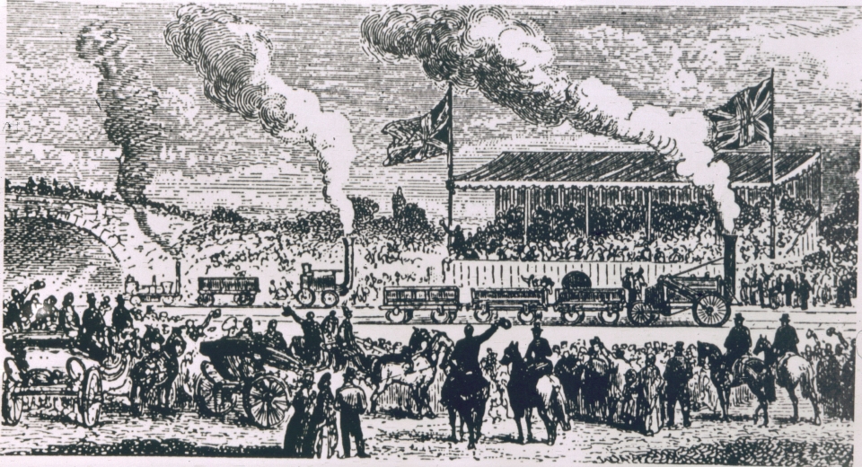 Rainhill Trials from the Illustrated London News, c.1829. In the foreground is Rocket and in the background are Sans Pareil (right) and Novelty