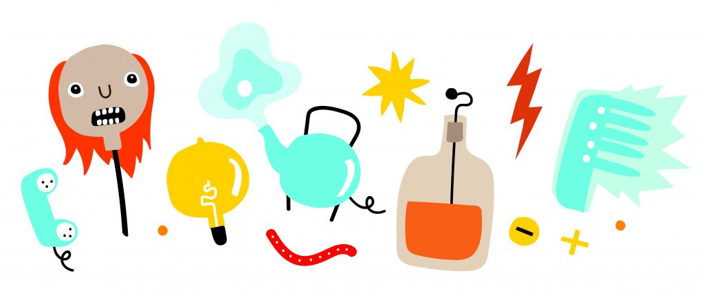 Brightly coloured objects including a lightbulb, a kettle and a slighty frightening-looking head on a stick