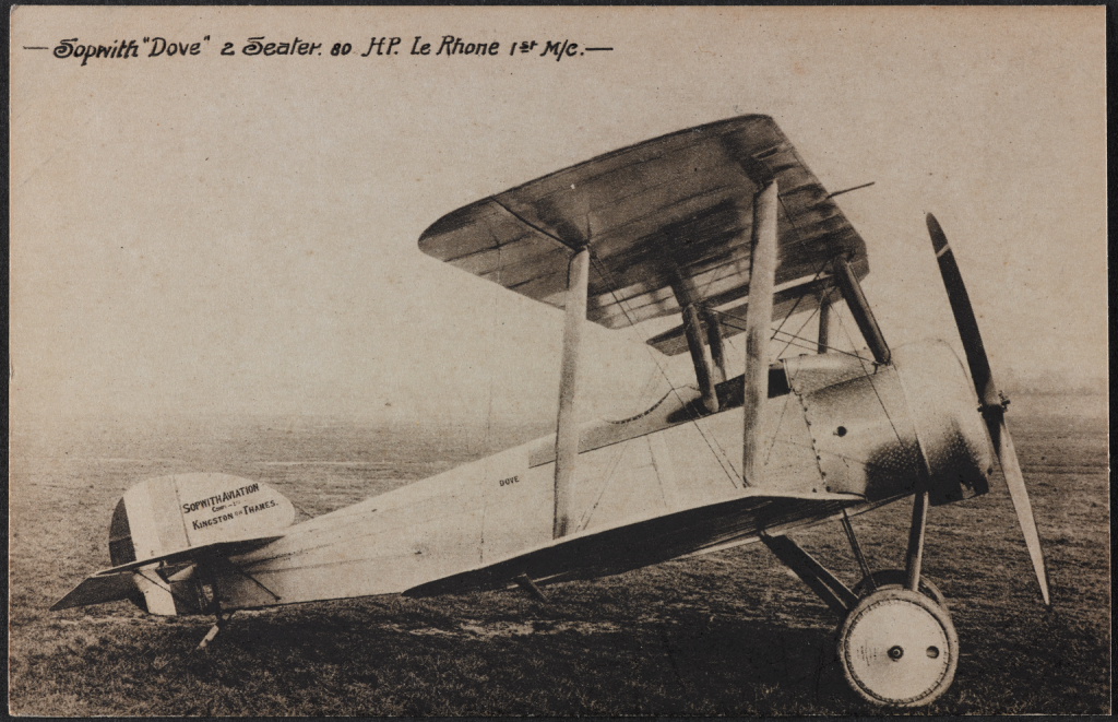 Postcard for The Sopwith Dove, 2-seater biplane, Published by Alphalsa Publishing Co. Ltd of London.