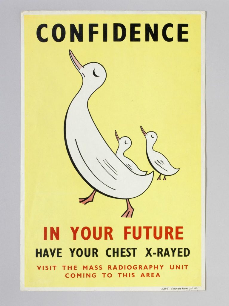Poster promoting mass miniature radiography with illustration of three geese. Copywork against grey background.