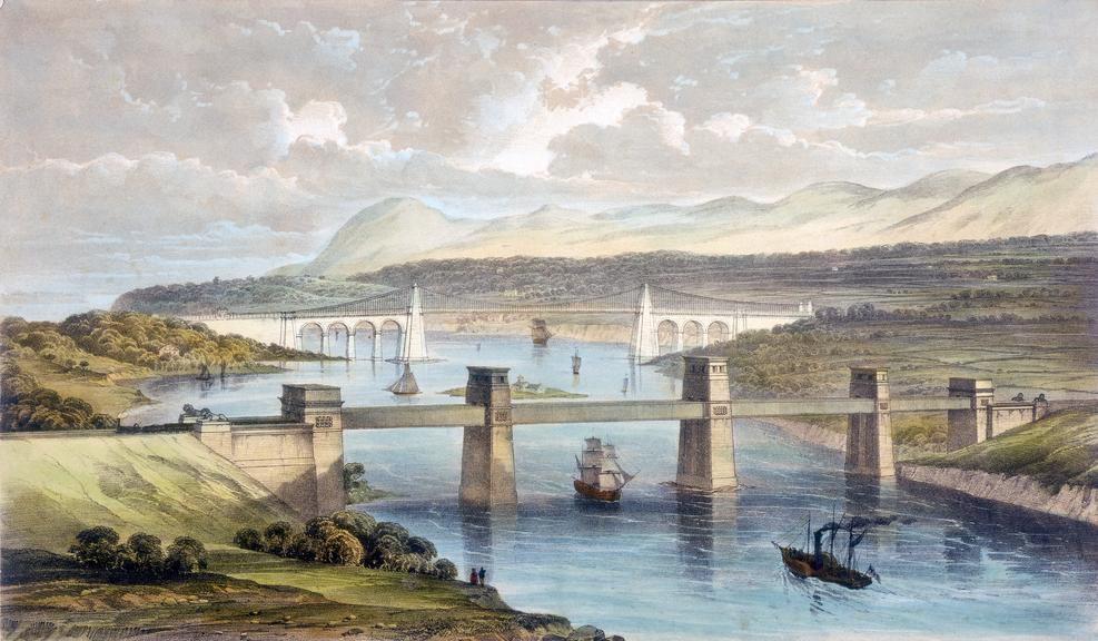 Coloured lithograph of the view of the Britannia Tubular Bridge, 1850 Science Museum Group Collection © The Board of Trustees of the Science Museum, London