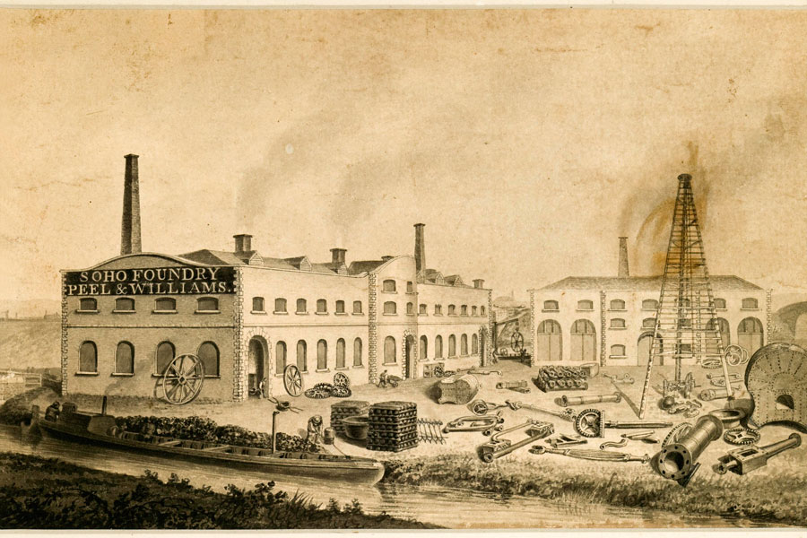 Monochrome watercolour painting of the Peel & Williams Soho Foundry