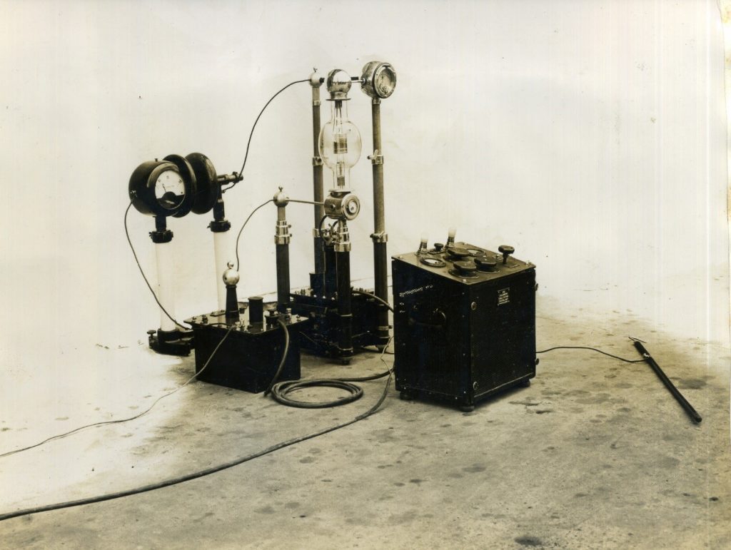 Old photograph of early electrical testing equipment