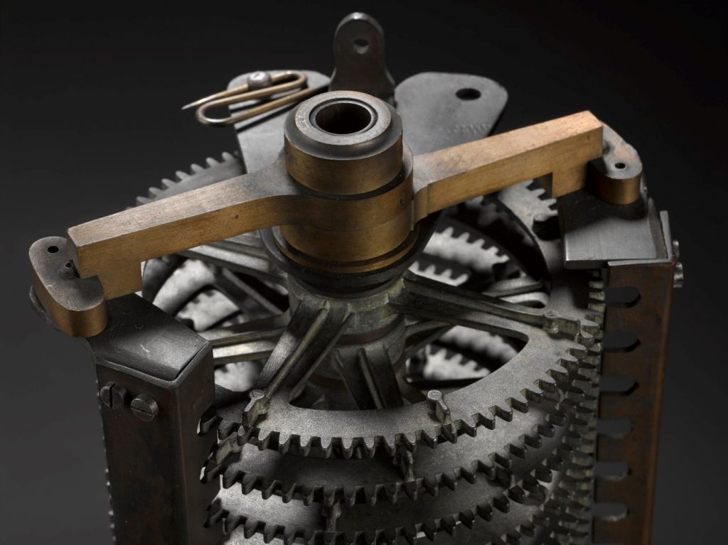 Close up photo of part of a trial model of the Difference Engine