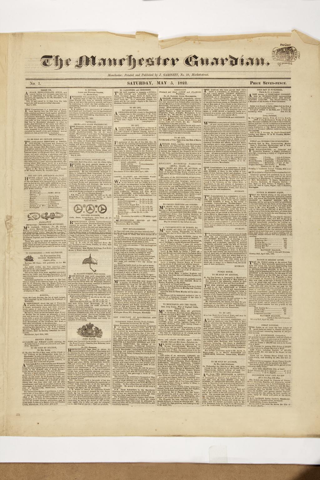 Front page of the Manchester Guardian newspaper, first edition. Dated May 5 1821