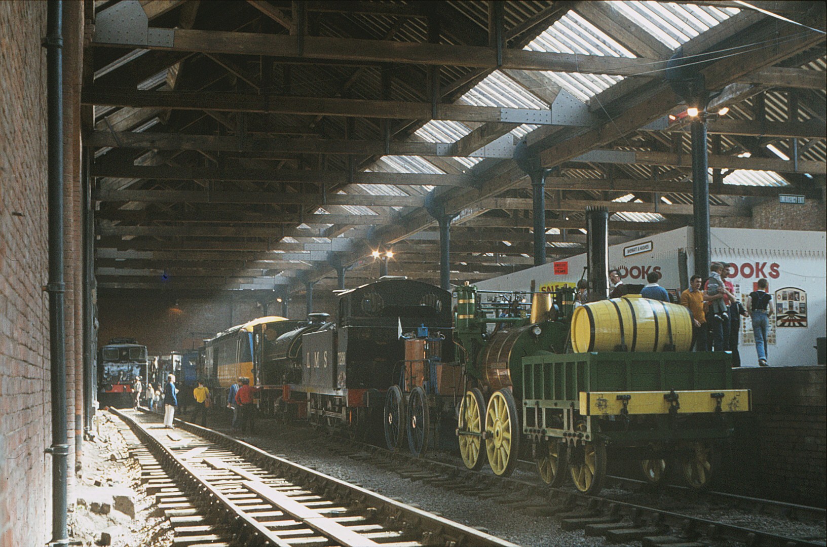 Replicas of the Novelty and Rocket and other locomotives are brought together at the Great Railway Exposition, 1980. Liverpool Road Station Society.