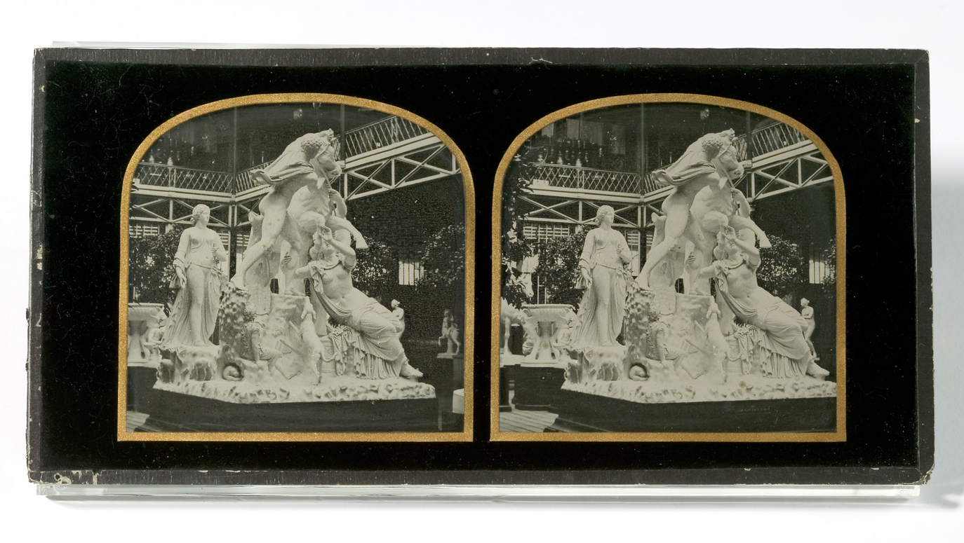 Collodion positive stereoscopic photograph of group of statues, possibly taken by J. B. Dancer, at the Manchester Arts Treasures Exhibition, 1857.