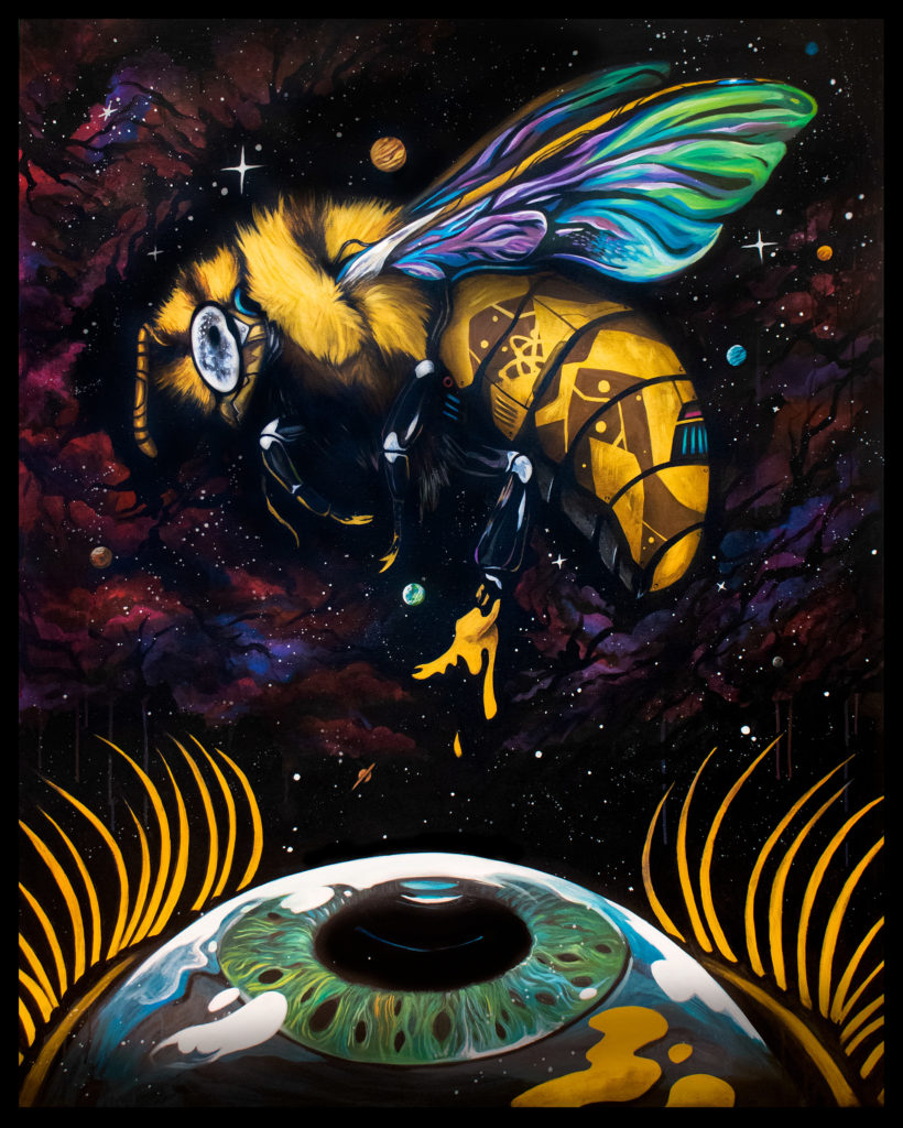 Painting of a bee hovering over an open eye