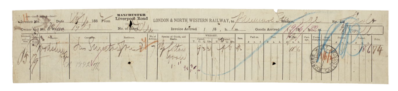 Invoice for cotton yarn shipped through Liverpool Road Station in 1882.