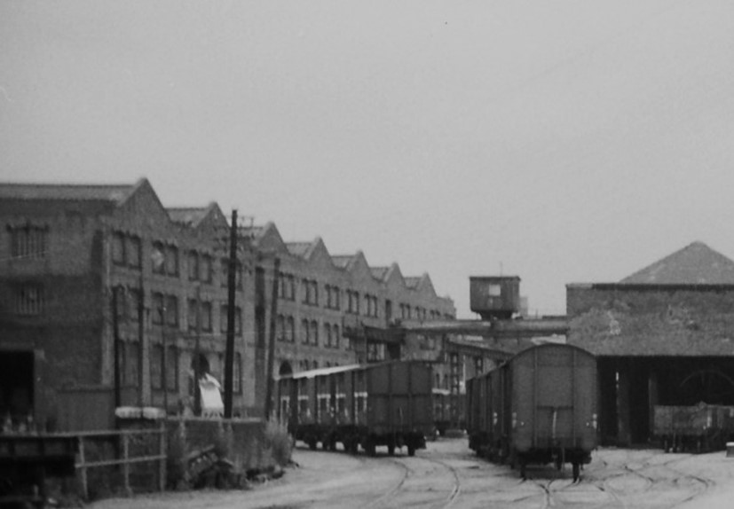 Black and white picture of a railway warehouse