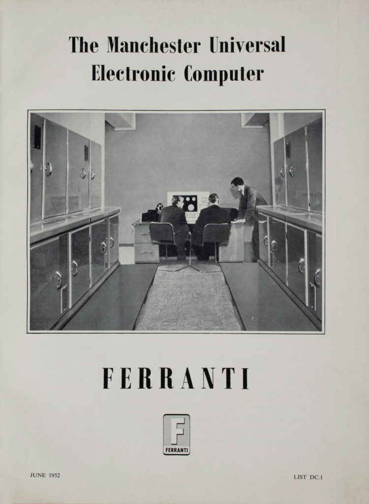 Ferranti Mark 1 Marketing Material with Alan Turing on the front cover.