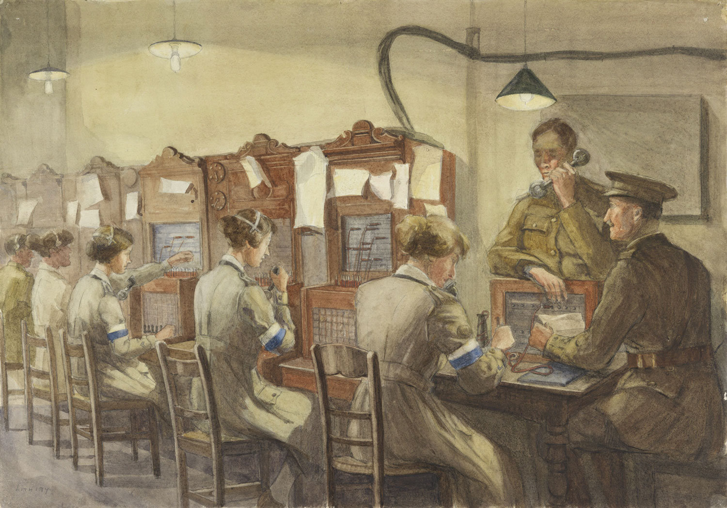 Queen Mary’s Army Auxiliary Corps Signallers, Base Hill, Rouen : Telephones. Forewoman Milnes and Captain Pope. Art.IWM ART 2900. Copyright IWM.
