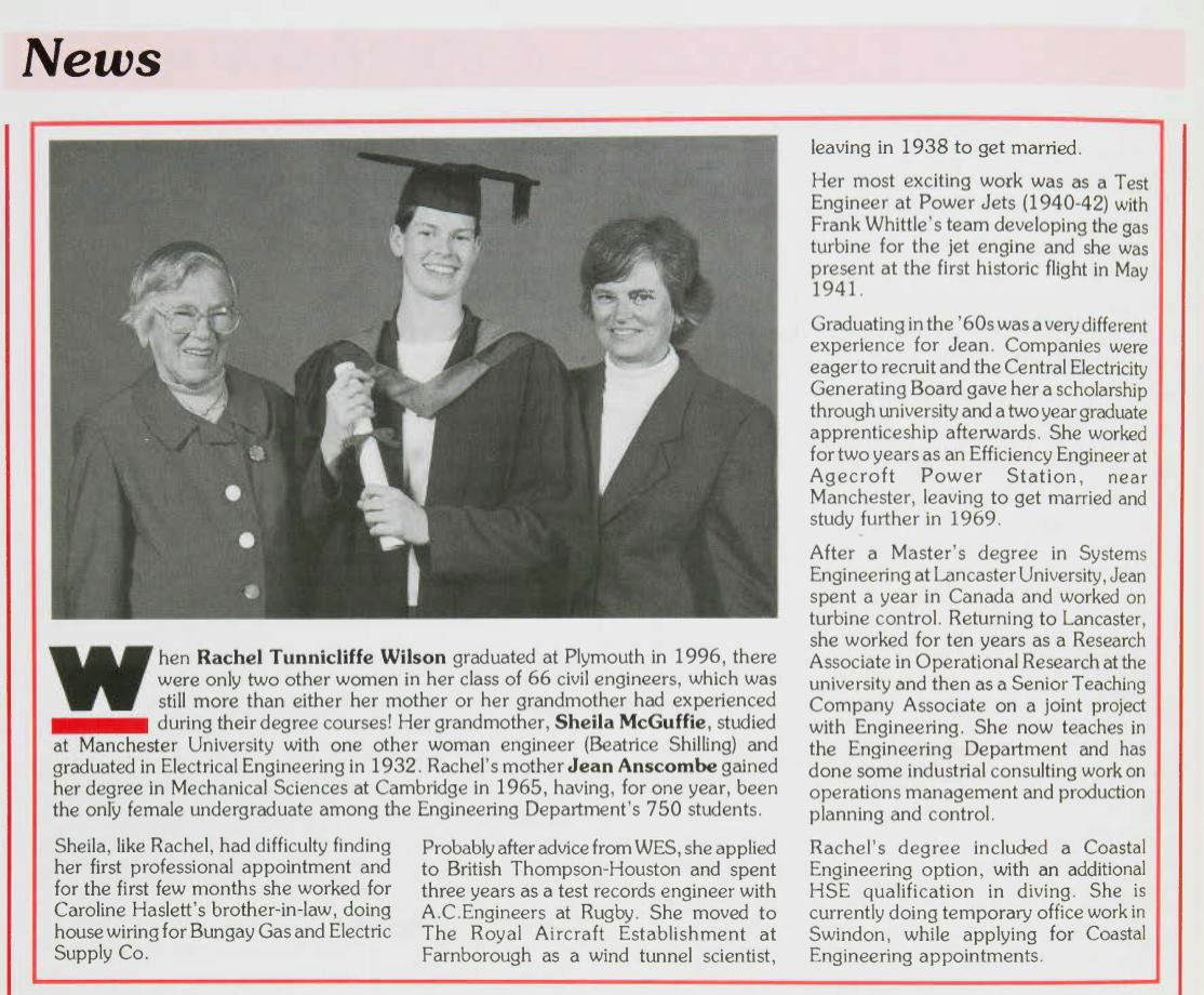 A clipping from an engineering magazine with a picture and article featuring three women.