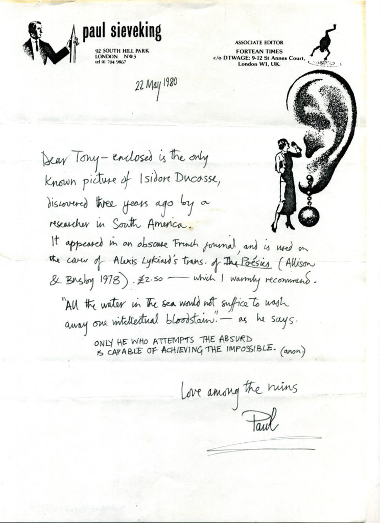 Letter from Paul Sieveking to Tony Wilson, courtesy of the Anthony H Wilson estate