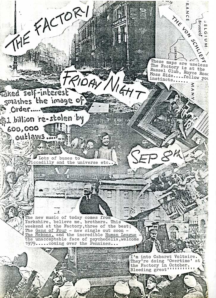 Flyer advertising a Factory night at the Russell Club by Tony Wilson, courtesy of the Anthony H Wilson estate