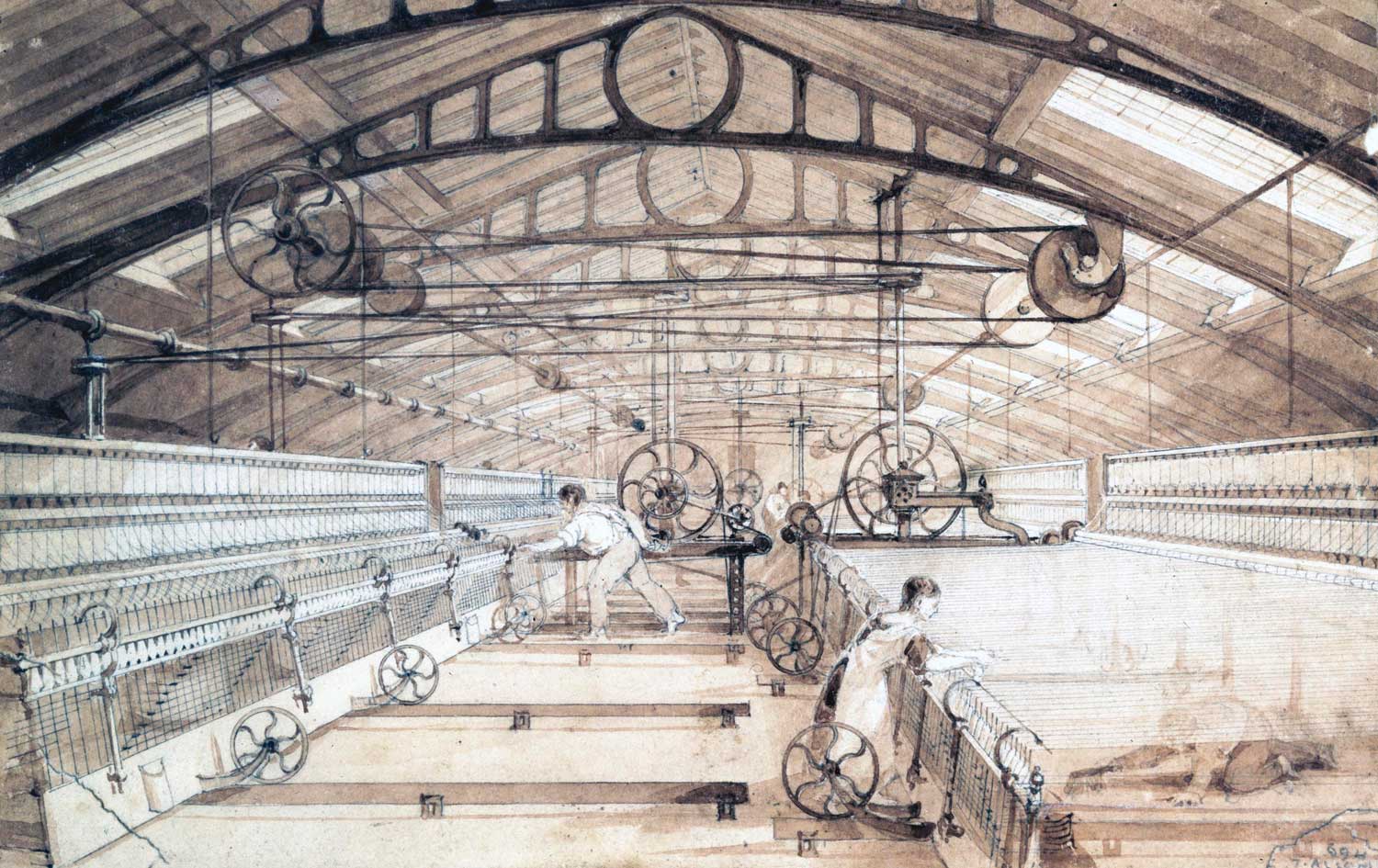 Drawing of mule spinning in a cotton mill