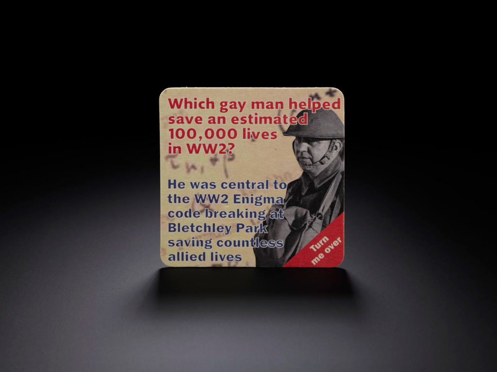 A beer mat with a message about Alan Turing's contribution to the Second World War written on it.