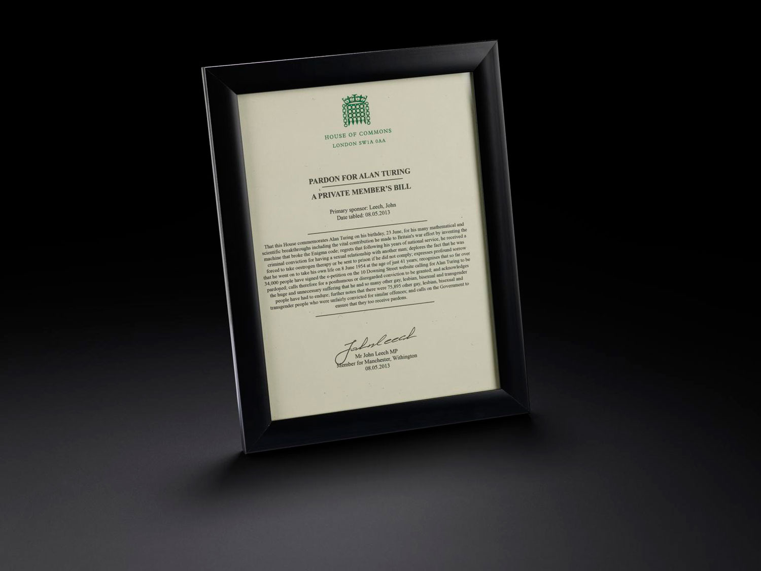 A framed letter from the House of Commons