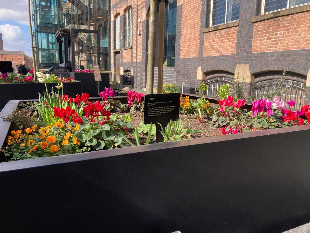 A flower bed in front of an old warehouse