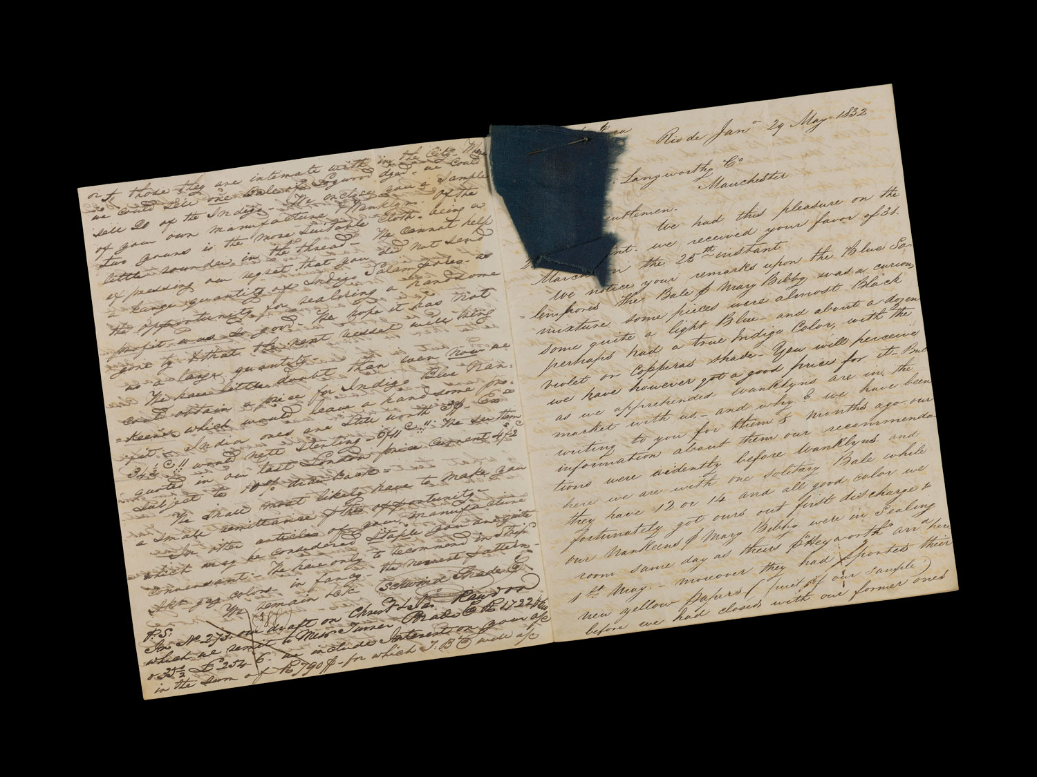 A handwritten letter from the 1830s with a textile sample attached.