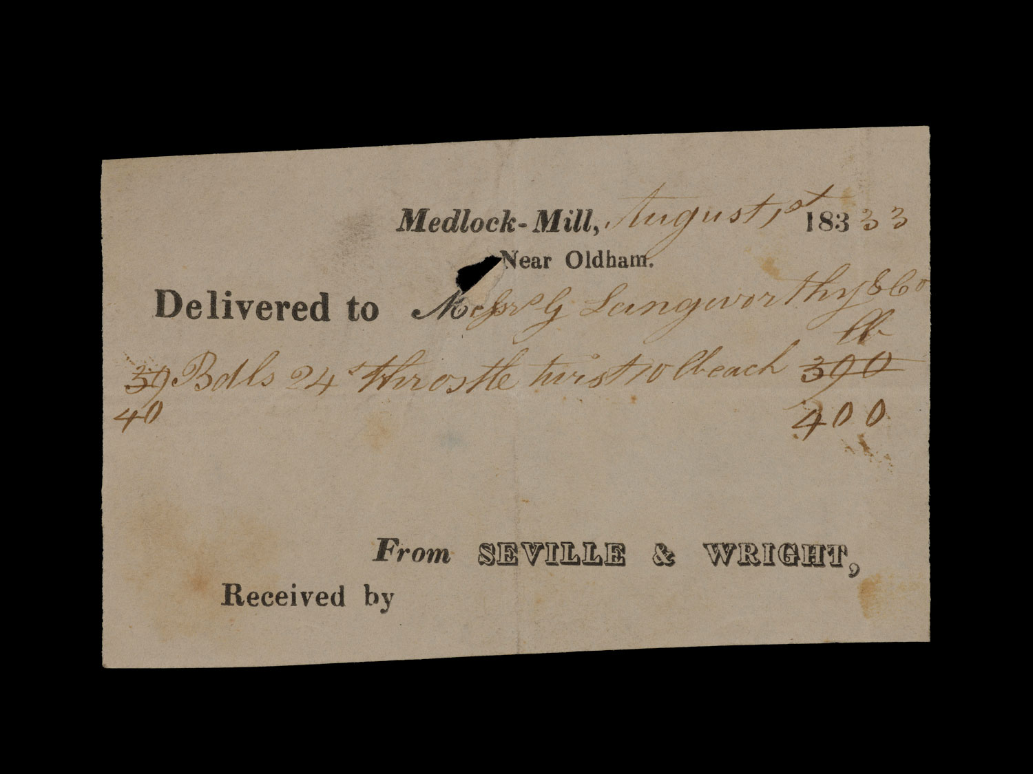 A handwritten receipt from the 1830s