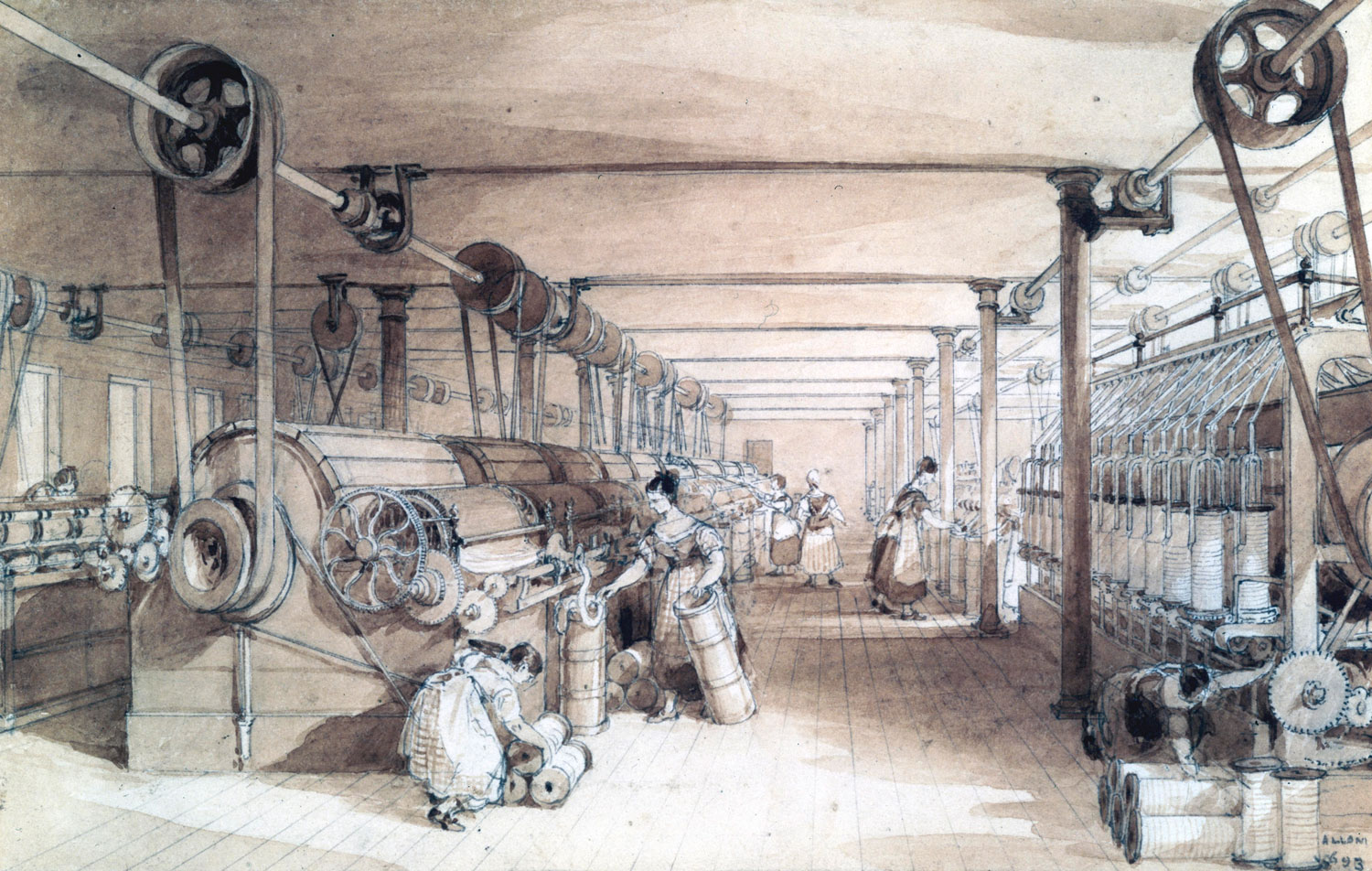Illustration of workers operating carding and drawing machines in Swainson Birley cotton mill, about 1834.