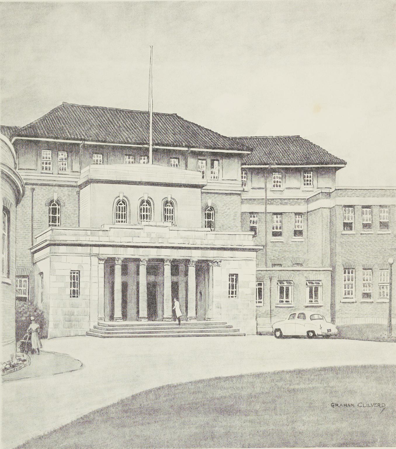 Print of Christie Hospital and Holt Radium Institute, Manchester, pencil, by Graham Clilverd, 1950–1965