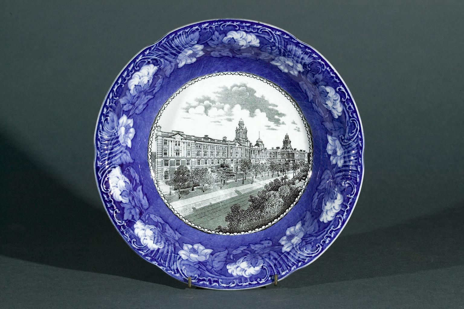 Dish decorated with a view of Manchester Royal Infirmary