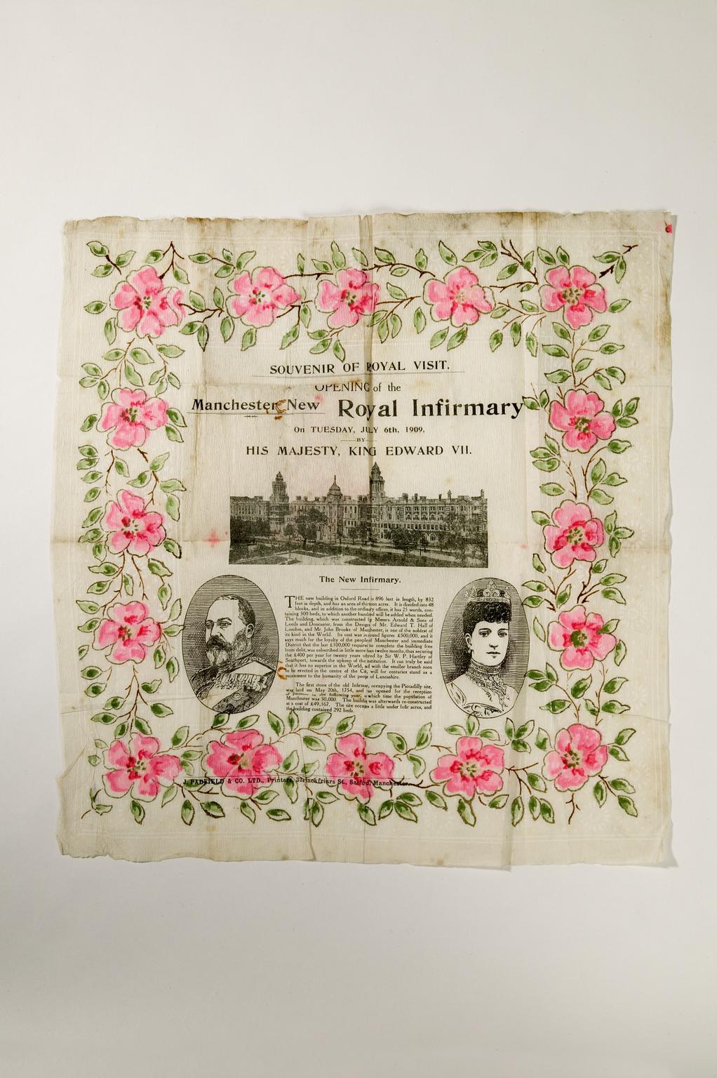 Commemorative serviette produced to celebrate the opening of the Manchester Royal Infirmary by King Edward VII and Queen Alexandra in 1909