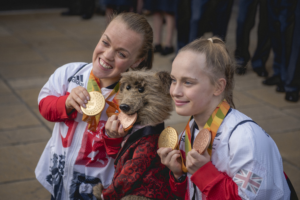 Picture of Ellie Simmonds and Ellie Robinson outside the Museum of Science and Industry