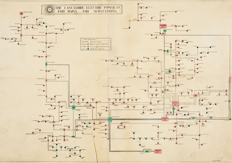 Lancashire Electric Power Co. system diagram 1930. [Ref. 2017-2001]