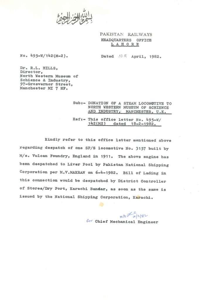 Despatch of SP/S Locomotive 3157 by Pakistan Railways