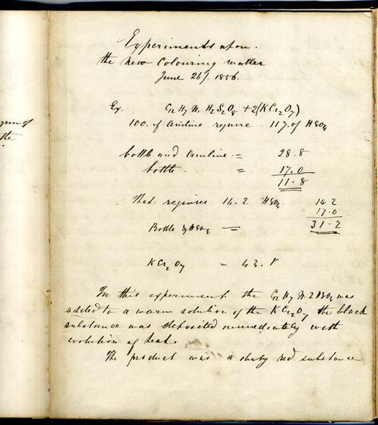 Perkin’s laboratory notebook for 1855-1856, pages showing experiments on mauveine in June 1956. Note the purple fingerprints on the pages.