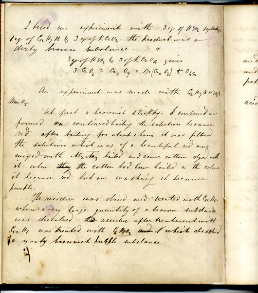 Perkin’s laboratory notebook for 1855-1856, pages showing experiments on mauveine in June 1956. Note the purple fingerprints on the pages.