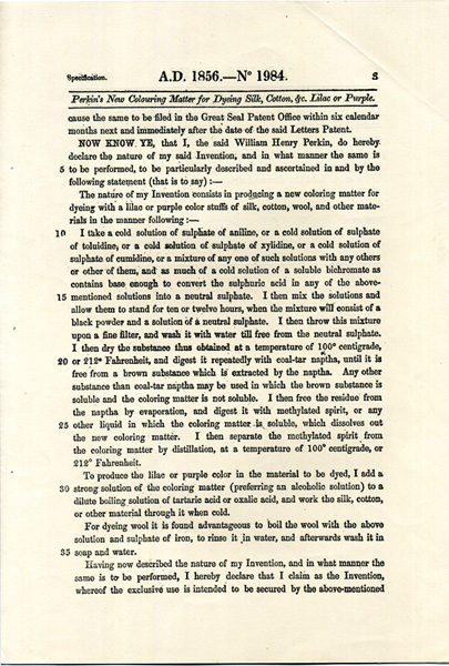 Page from Patent Specification describing Perkin’s method for manufacturing mauveine.